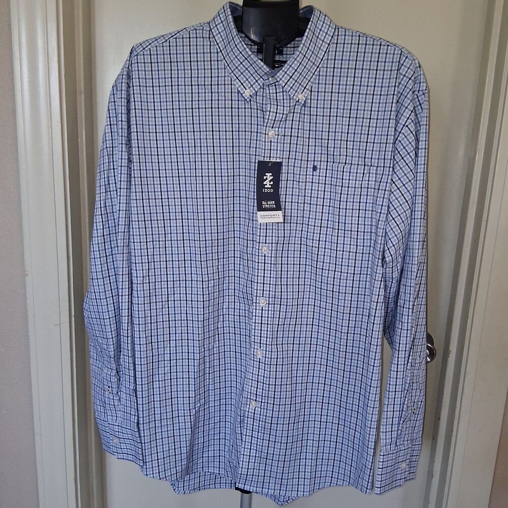 IZOD All-Over Stretch Blue & White Plaid Button-Down Shirt XXL Preppy Coastal